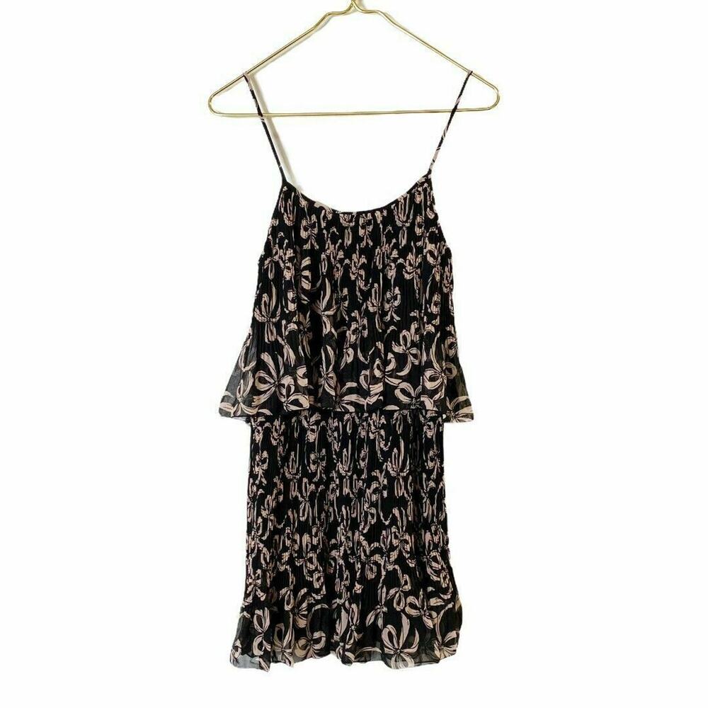 LAUREN CONRAD Accordion Pleated Tiered Bow Print Chiffon Dress XS Black Pink